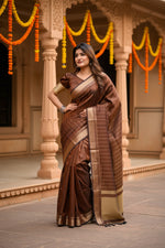 Load image into Gallery viewer, Women's Faux Banarasi Lining Pattern Saree With Unstitched Blouse 5.5Mtr (Light_Brown)