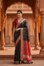 Load image into Gallery viewer, Women's Silk Blend Ethnic Ikat Pattern Saree With Unstitched Blouse 5.5Mtr (Black)