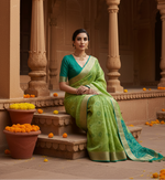 Load image into Gallery viewer, Women's Silk Blend Ethnic Ikat Pattern Saree With Unstitched Blouse 5.5Mtr (Light_Green)