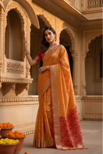 Load image into Gallery viewer, Women's Silk Blend Ethnic Ikat Pattern Saree With Unstitched Blouse 5.5Mtr (Mustard)