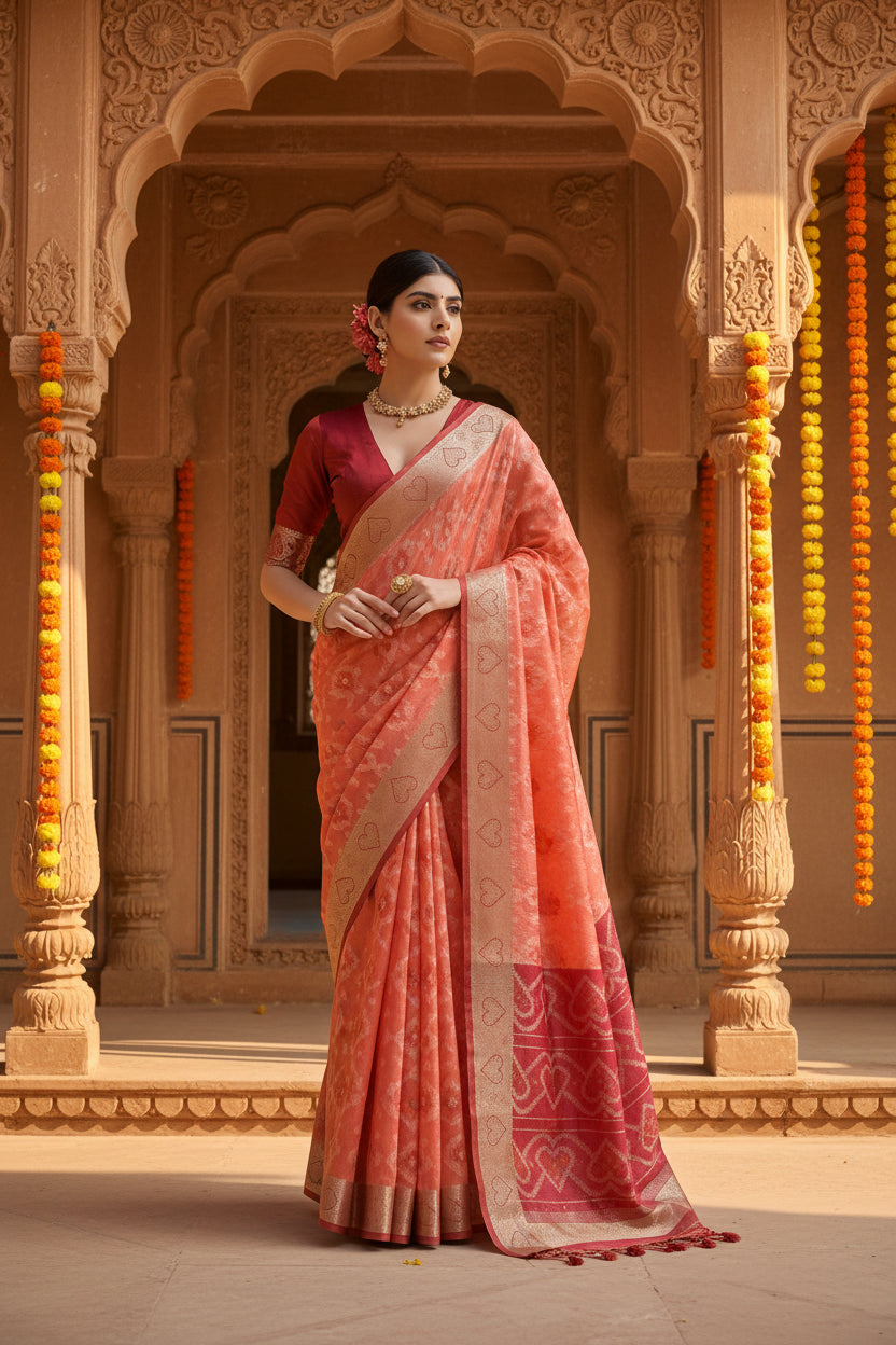 Pid 65729 generic women s silk blend ethnic ikat pattern saree with unstitched blouse 5 5 mtr orang 1000x1000_65ba9c6c 724a 43d5 ba03 ddaa846a3eba