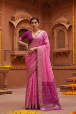 Load image into Gallery viewer, Women's Silk Blend Ethnic Ikat Pattern Saree With Unstitched Blouse 5.5Mtr (Pink)