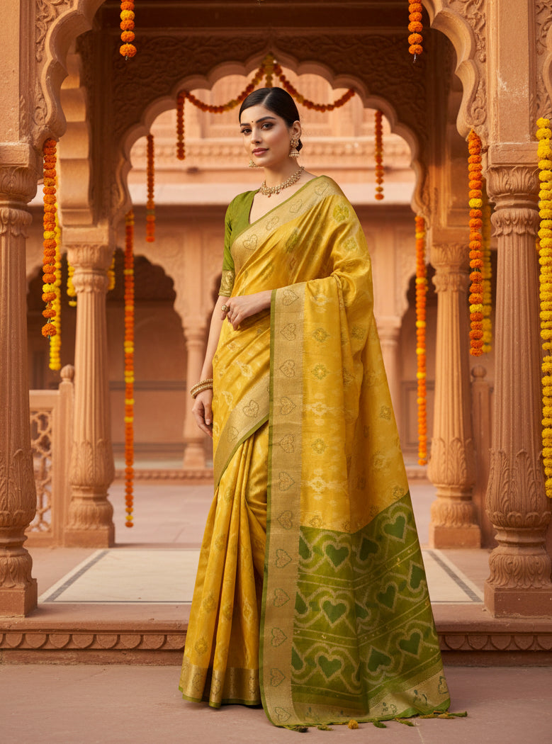Women's silk blend ethnic ikat pattern saree with unstitched blouse 5