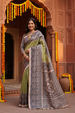 Load image into Gallery viewer, Women's Faux Tussar Ethnic Print Saree With Unstitched Blouse 5.5Mtr (Olive)
