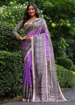 Load image into Gallery viewer, Women's Faux Tussar Ethnic Print Saree With Unstitched Blouse 5.5Mtr (Purple)