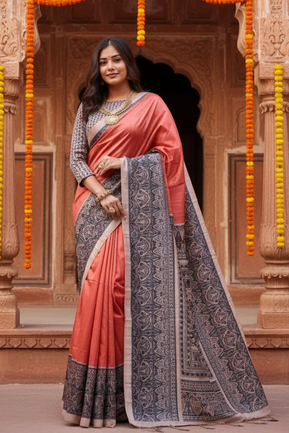 Women's faux tussar ethnic print saree with unstitched blouse 5