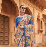 Load image into Gallery viewer, Women's Faux_Tussar Kalamkari_Print Saree With Unstitched Blouse 5.5Mtr (Blue)
