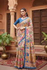 Load image into Gallery viewer, Women's Faux_Tussar Kalamkari_Print Saree With Unstitched Blouse 5.5Mtr (Blue)