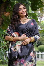 Load image into Gallery viewer, Women's Faux_Tussar Floral Saree With Unstitched Blouse 5.5Mtr (Black)