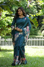 Load image into Gallery viewer, Women's Faux_Tussar Floral Saree With Unstitched Blouse 5.5Mtr (Teal)