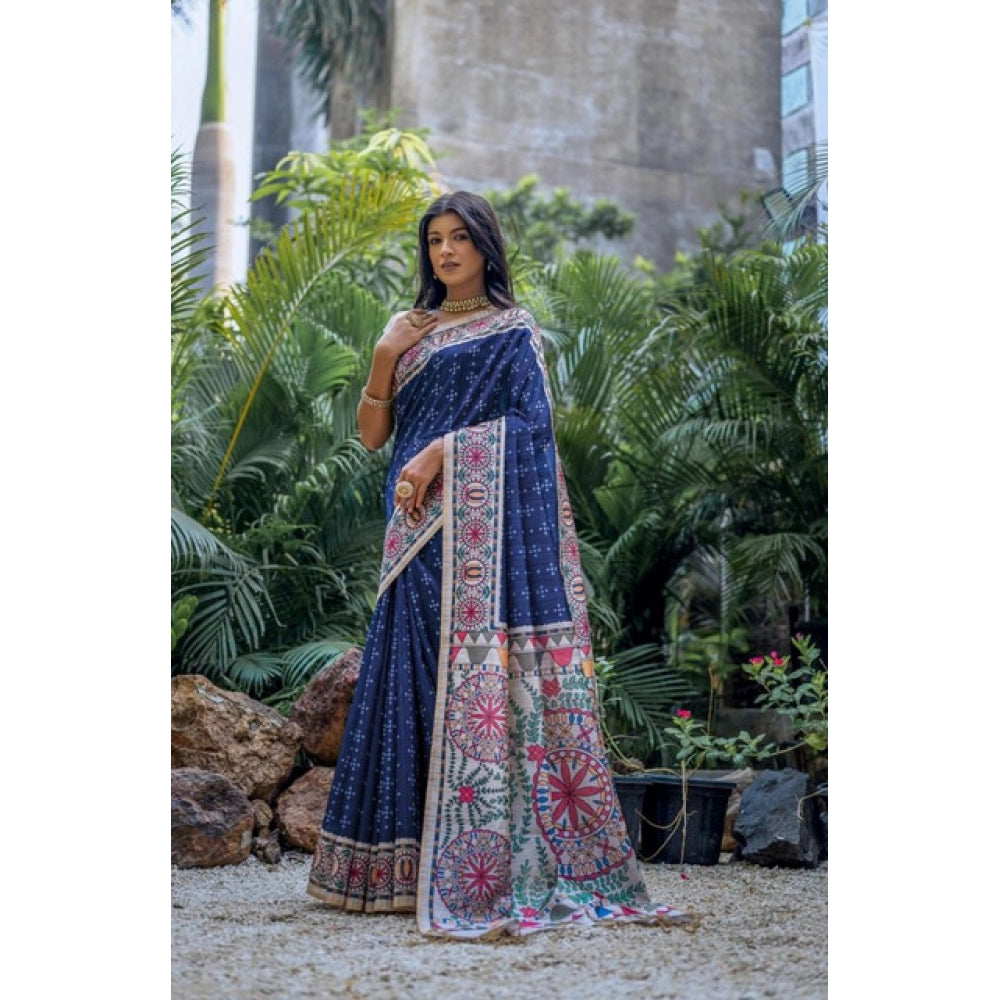 Women's faux_tussar geometric_print saree with unstitched blouse 5