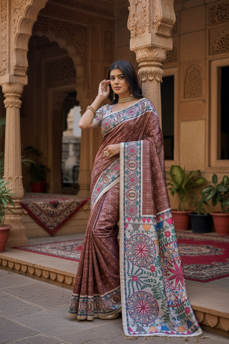 Women's faux_tussar geometric_print saree with unstitched blouse 5