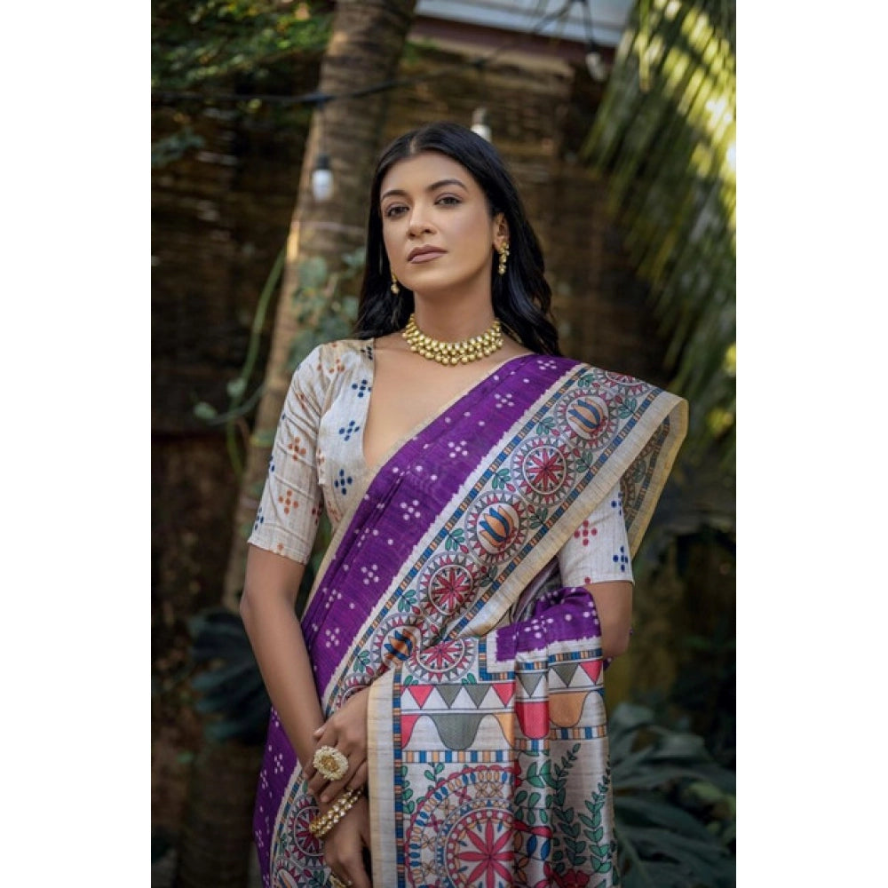 Women's faux_tussar geometric_print saree with unstitched blouse 5