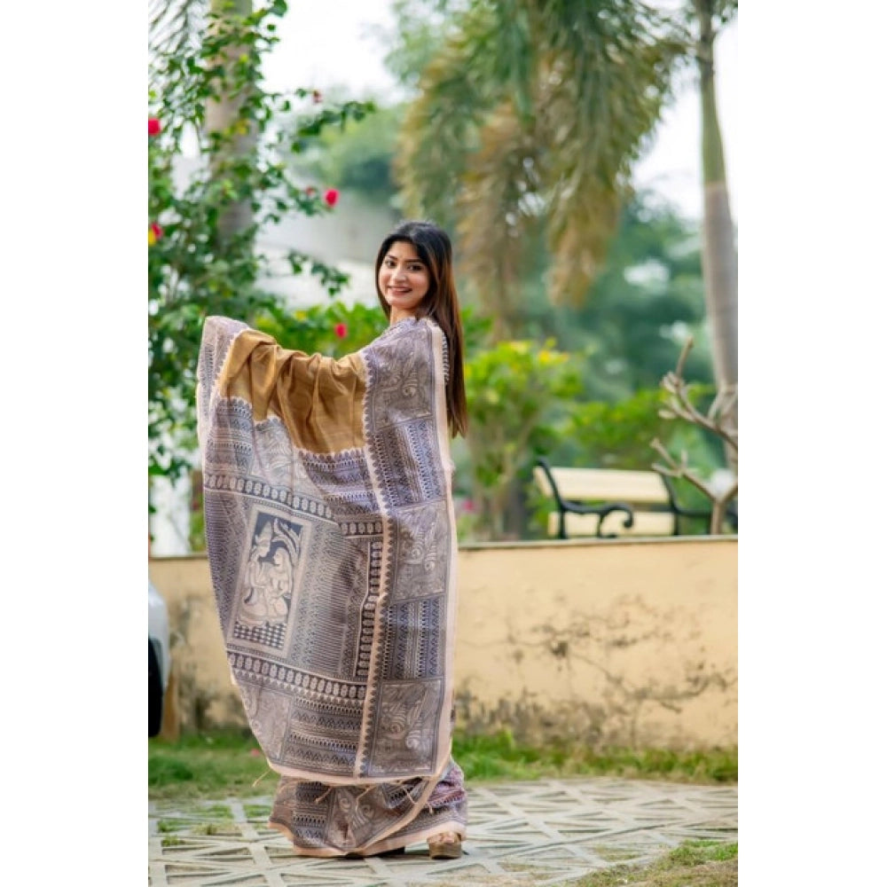 Women's faux_tussar geometric_print saree with unstitched blouse 5