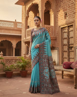 Load image into Gallery viewer, Women's Faux_Tussar Ikat Saree With Unstitched Blouse 5.5Mtr (Aqua_Blue)