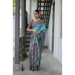 Load image into Gallery viewer, Women's Faux_Tussar Ikat Saree With Unstitched Blouse 5.5Mtr (Aqua_Blue)