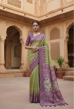 Load image into Gallery viewer, Women's Faux_Tussar Ikat Saree With Unstitched Blouse 5.5Mtr (Green)