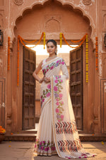 Load image into Gallery viewer, Women's Linen Floral Printed Saree With Unstitched Blouse 5.5Mtr (Cream)