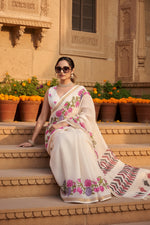 Load image into Gallery viewer, Women's Linen Floral Printed Saree With Unstitched Blouse 5.5Mtr (Cream)