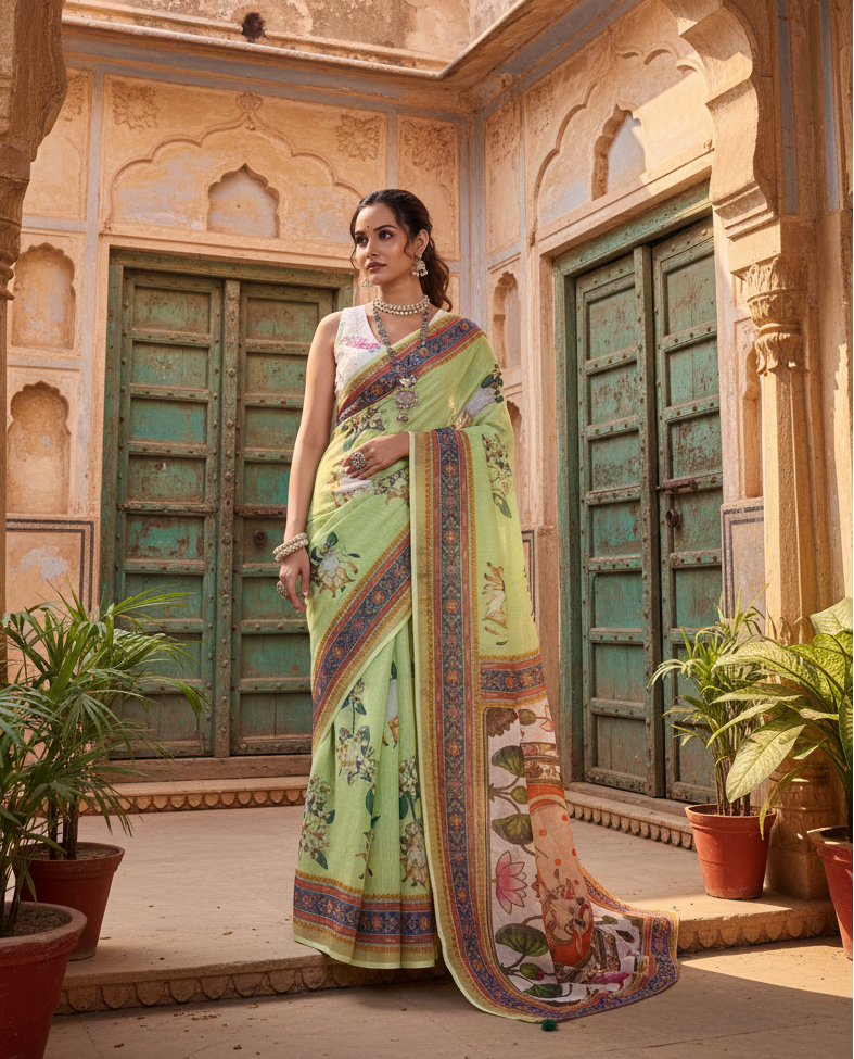 Women's linen floral printed saree with unstitched blouse 5