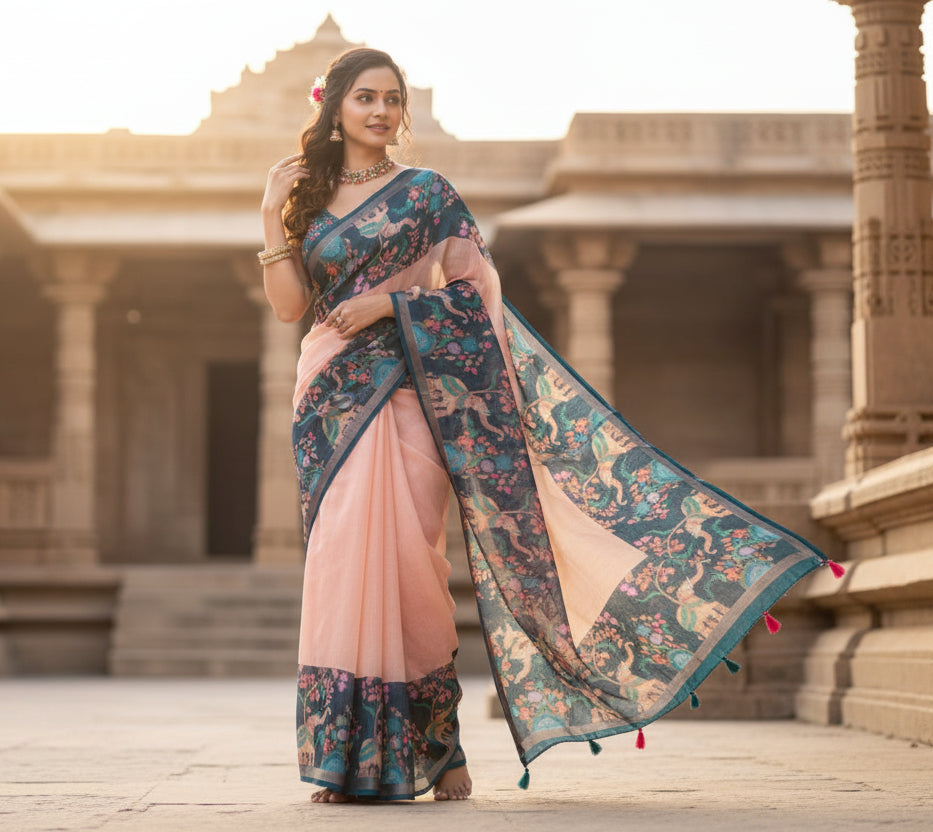 Women's linen floral printed saree with unstitched blouse 5