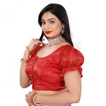 Load image into Gallery viewer, Women's Jimmy Solid Designer Neck Elastic Sleeve Readymade Blouse (Red 38 , Alterable up to 42)-PID65834