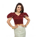 Load image into Gallery viewer, Women's Jimmy Solid V Neck Puff Sleeve Readymade Blouse (Maroon 38 , Alterable up to 42)-PID65840