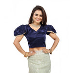Load image into Gallery viewer, Women's Jimmy Solid V Neck Puff Sleeve Readymade Blouse (Navy 38 , Alterable up to 42)-PID65841