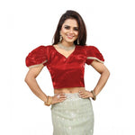 Load image into Gallery viewer, Women's Jimmy Solid V Neck Puff Sleeve Readymade Blouse (Red 38 , Alterable up to 42)-PID65844