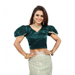 Load image into Gallery viewer, Women's Jimmy Solid V Neck Puff Sleeve Readymade Blouse (Teal 38 , Alterable up to 42)-PID65845