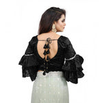 Load image into Gallery viewer, Women's Organza Solid V Neck Layered Ruffle Sleeve Readymade Blouse (Black Free Size , up to 38–40 Bust)-PID65848