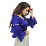 Load image into Gallery viewer, Women's Organza Solid V Neck Layered Ruffle Sleeve Readymade Blouse (Blue Free Size , up to 38–40 Bust)-PID65849