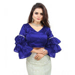 Load image into Gallery viewer, Women's Organza Solid V Neck Layered Ruffle Sleeve Readymade Blouse (Blue Free Size , up to 38–40 Bust)-PID65849