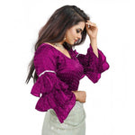 Load image into Gallery viewer, Women's Organza Solid V Neck Layered Ruffle Sleeve Readymade Blouse (Magenta Free Size , up to 38–40 Bust)-PID65853