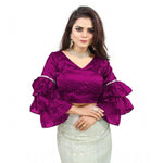 Load image into Gallery viewer, Women's Organza Solid V Neck Layered Ruffle Sleeve Readymade Blouse (Magenta Free Size , up to 38–40 Bust)-PID65853