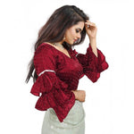 Load image into Gallery viewer, Women's Organza Solid V Neck Layered Ruffle Sleeve Readymade Blouse (Maroon Free Size , up to 38–40 Bust)-PID65854