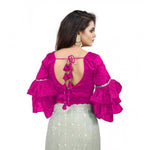 Load image into Gallery viewer, Women's Organza Solid V Neck Layered Ruffle Sleeve Readymade Blouse (Pink Free Size , up to 38–40 Bust)-PID65856