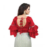 Load image into Gallery viewer, Women's Organza Solid V Neck Layered Ruffle Sleeve Readymade Blouse (Red Free Size , up to 38–40 Bust)-PID65858