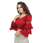 Load image into Gallery viewer, Women's Organza Solid V Neck Layered Ruffle Sleeve Readymade Blouse (Red Free Size , up to 38–40 Bust)-PID65858