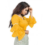 Load image into Gallery viewer, Women's Organza Solid V Neck Layered Ruffle Sleeve Readymade Blouse (Yellow Free Size , up to 38–40 Bust)-PID65860