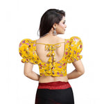 Load image into Gallery viewer, Women's Organza Printed V Neck Puff Sleeve Readymade Blouse (Mustard 38 , Alterable up to 42)-PID65867