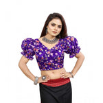 Load image into Gallery viewer, Women's Organza Printed V Neck Puff Sleeve Readymade Blouse (Purple 38 , Alterable up to 42)-PID65870