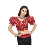 Load image into Gallery viewer, Women's Organza Printed V Neck Puff Sleeve Readymade Blouse (Red 38 , Alterable up to 42)-PID65871