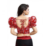 Load image into Gallery viewer, Women's Organza Printed V Neck Puff Sleeve Readymade Blouse (Red 38 , Alterable up to 42)-PID65871