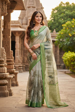 Load image into Gallery viewer, Women's Faux Linen Printed Ready to wear Saree With Unstitched Blouse 5.5Mtr (Light_Green)