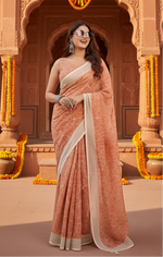Load image into Gallery viewer, Women's Faux Linen Floral Print Ready to wear Saree With Unstitched Blouse 5.5Mtr (Peach)