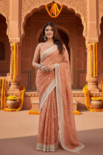Load image into Gallery viewer, Women's Faux Linen Floral Print Ready to wear Saree With Unstitched Blouse 5.5Mtr (Peach)