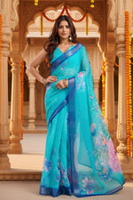 Load image into Gallery viewer, Women's Faux Linen Floral Print Ready to wear Saree With Unstitched Blouse 5.5Mtr (Light_AquaBlue)
