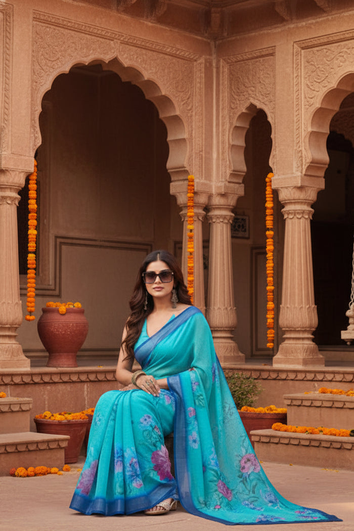 Women's faux linen floral print ready to wear saree with unstitched blouse 5