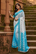 Load image into Gallery viewer, Women's Faux Linen Leaf Print Ready to wear Saree With Unstitched Blouse 5.5Mtr (SkyBlue & White)